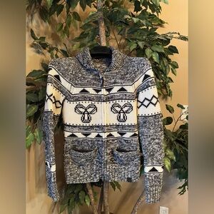 🔺▪️ TNA 100% Lambswool Aztec black & cream zip front cowl collar Sweater Size: M